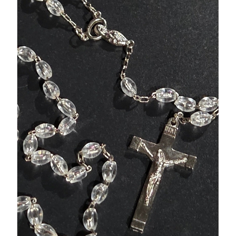 Autom‎ Rosary Necklace Clear Silver Tone Religious Prayer Beads Vintage Catholic